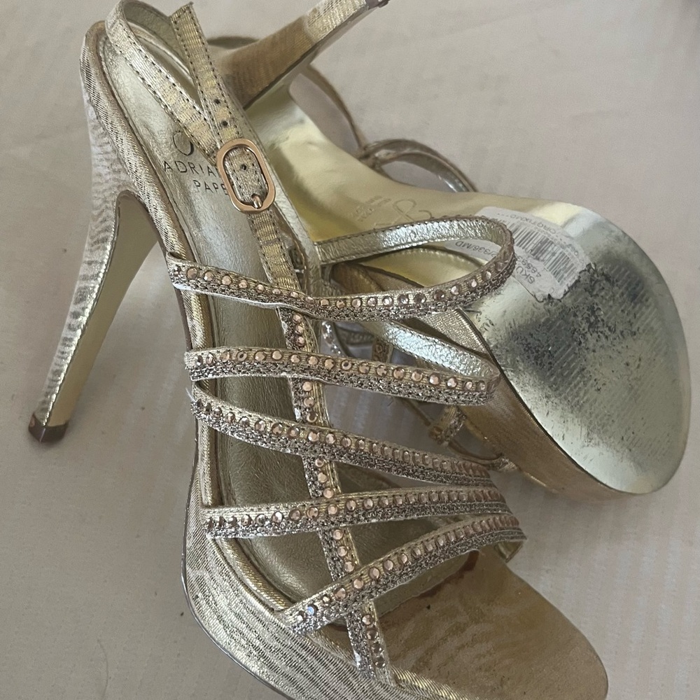Adrianna Papell Metallic Gold Rhinestone Strappy High Heel Sandals